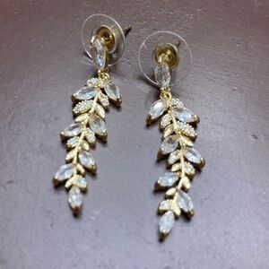 Fern Gold Tone Sparkly Rhinestones Post-Style Drop Earrings